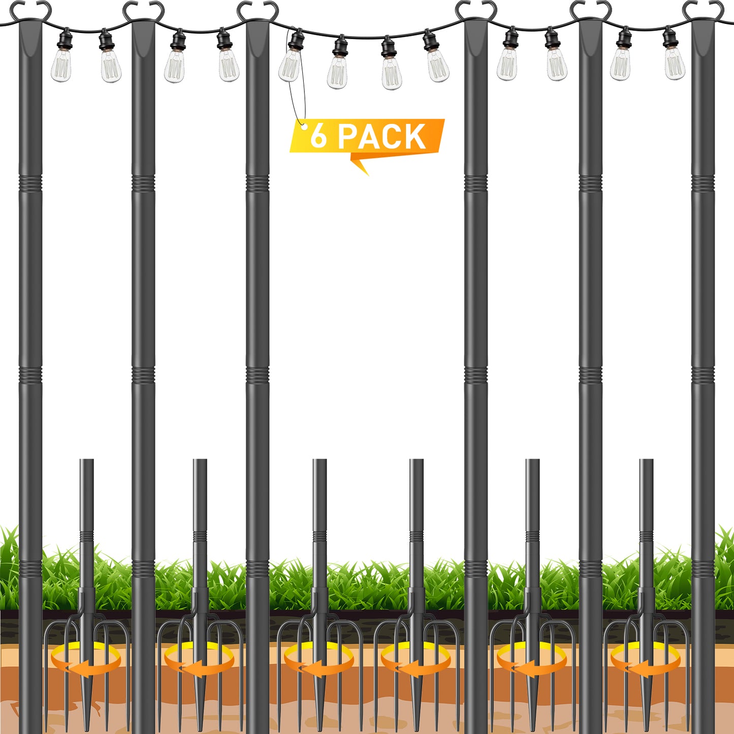 JYTOBN String Light Poles 6 Pack,Poles for Hanginig Outdoor String Lights with Fork and Fence Clamp
