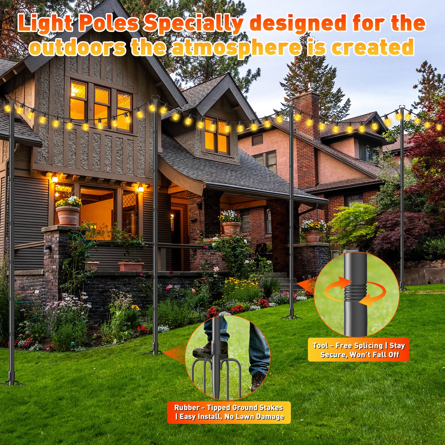 JYTOBN String Light Poles 6 Pack,Poles for Hanginig Outdoor String Lights with Fork and Fence Clamp