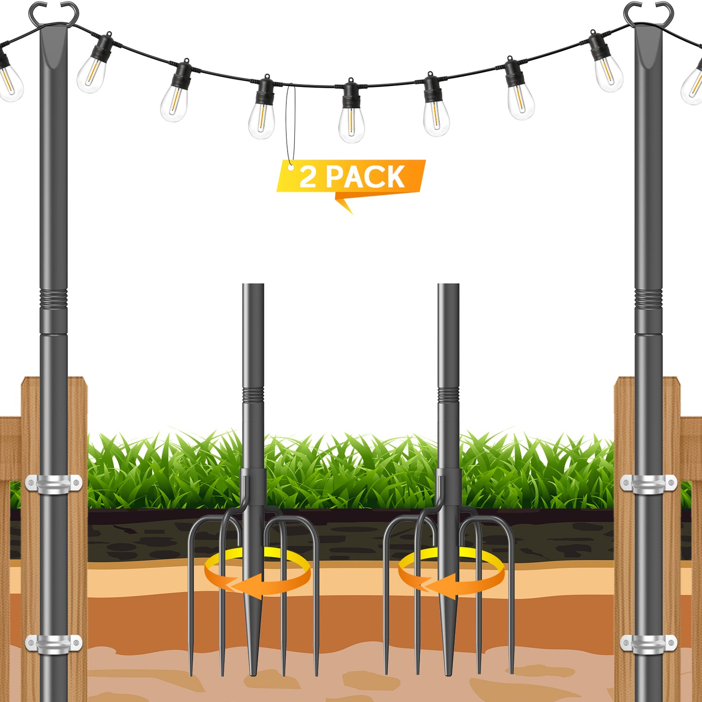 JYTOBN String Light Poles 2 Pack,Poles for Hanginig Outdoor String Lights with Fork and Fence Clamp