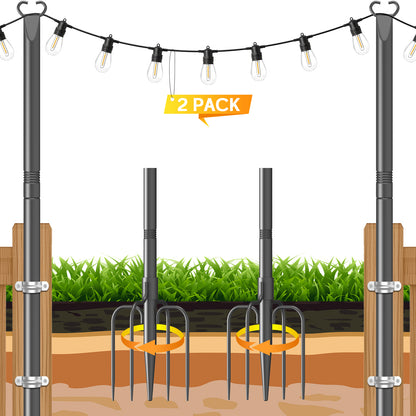 JYTOBN String Light Poles 2 Pack,Poles for Hanginig Outdoor String Lights with Fork and Fence Clamp