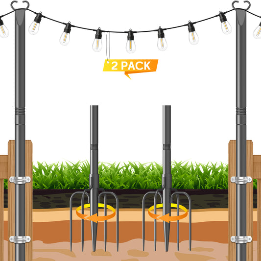JYTOBN String Light Poles 2 Pack,Poles for Hanginig Outdoor String Lights with Fork and Fence Clamp