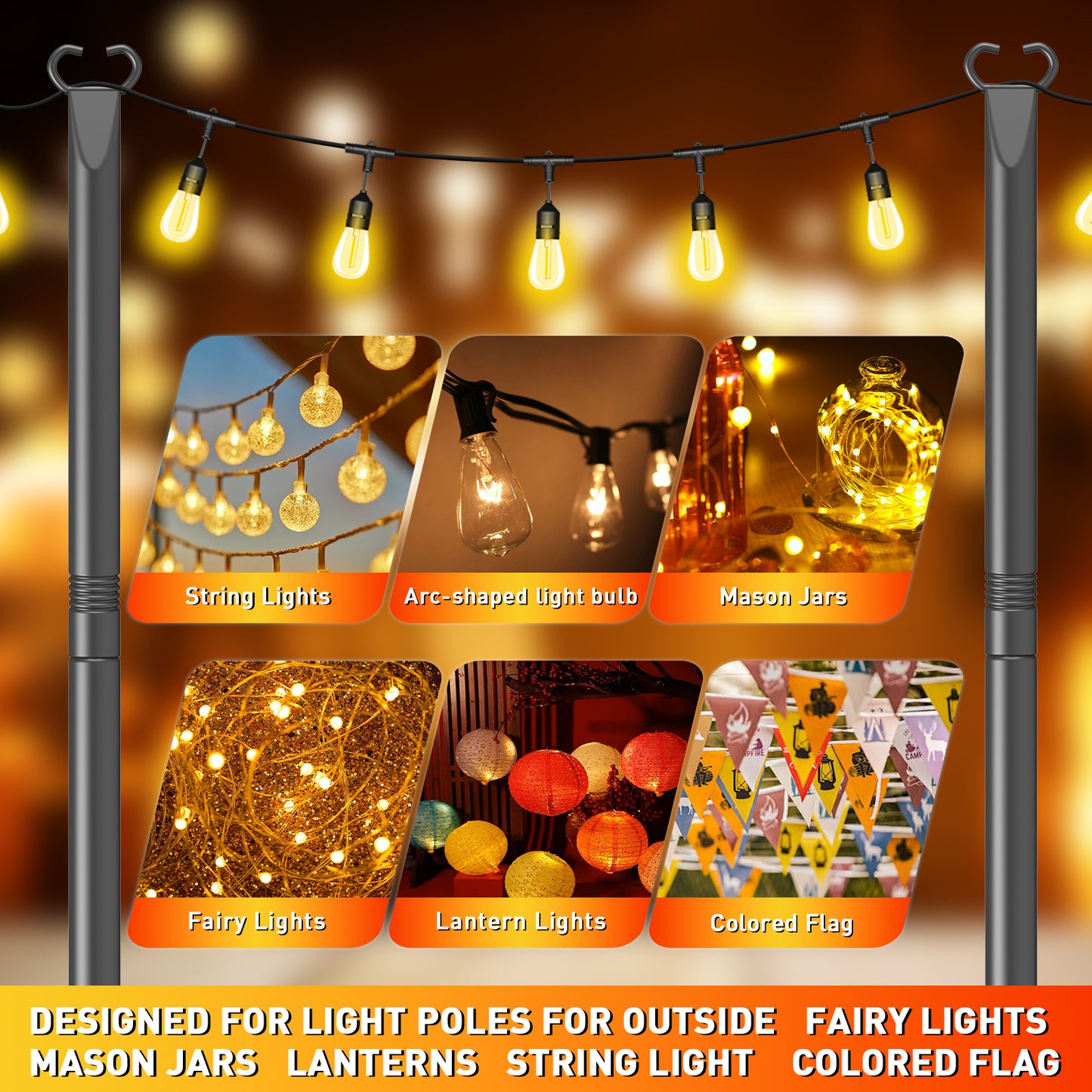 JYTOBN String Light Poles 6 Pack,Poles for Hanginig Outdoor String Lights with Fork and Fence Clamp