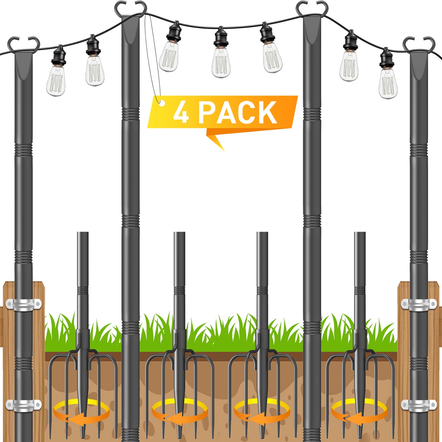 JYTOBN String Light Poles 4 Pack,Poles for Hanginig Outdoor String Lights with Fork and Fence Clamp