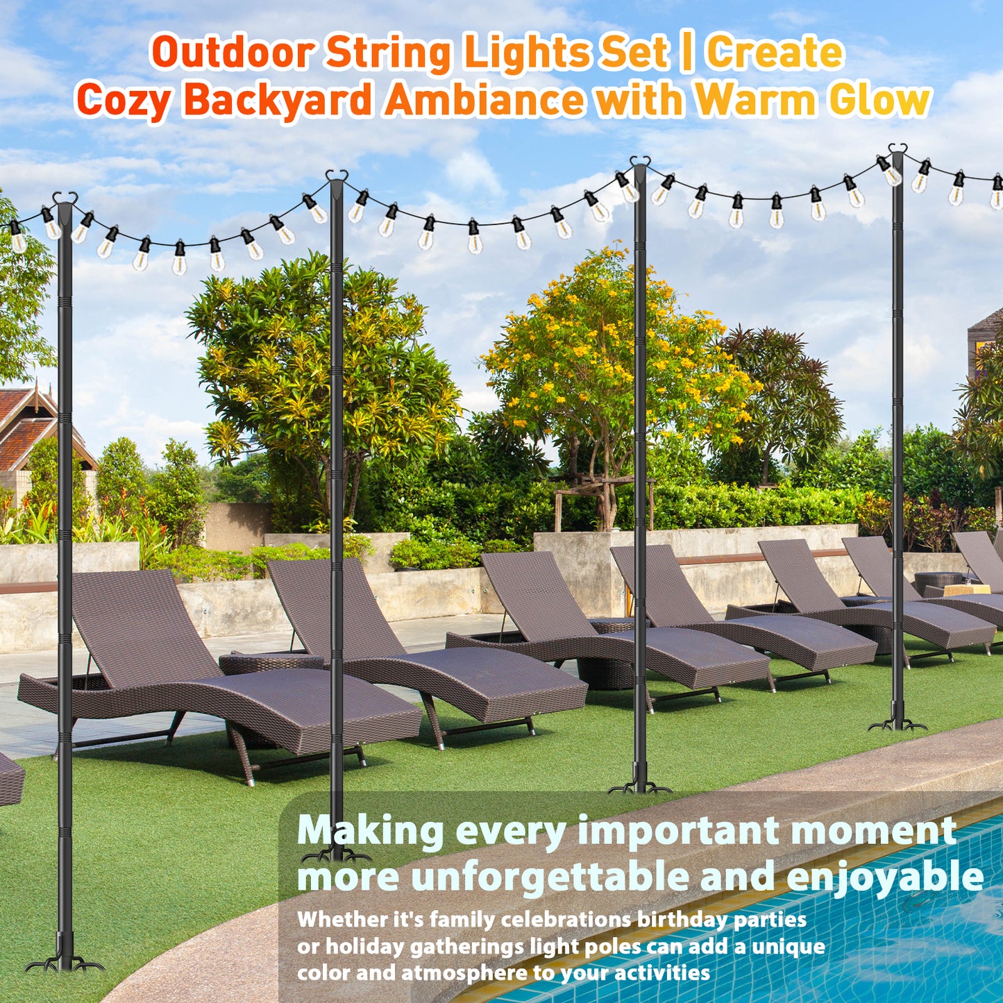 JYTOBN String Light Poles 6 Pack,Poles for Hanginig Outdoor String Lights with Fork and Fence Clamp