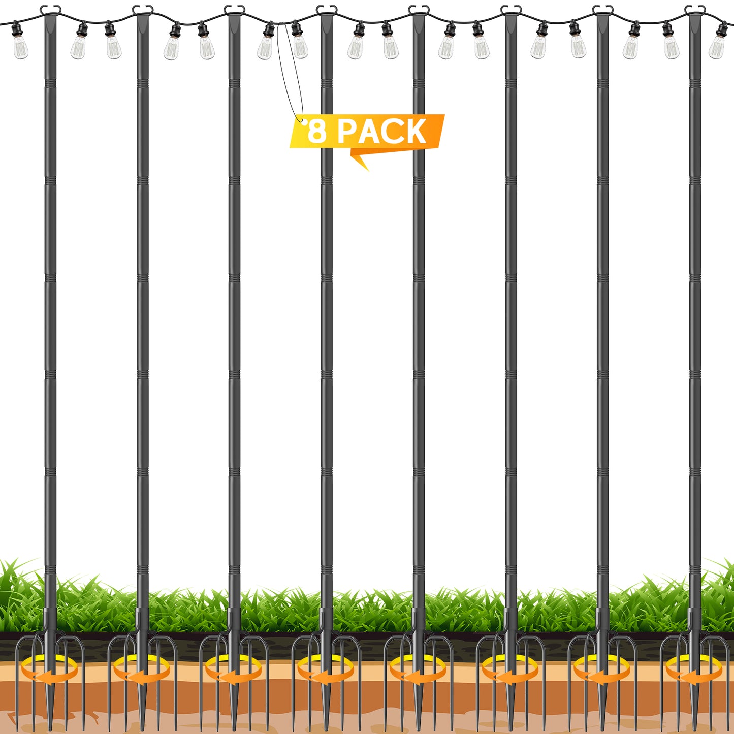 JYTOBN String Light Poles 8 Pack,Poles for Hanginig Outdoor String Lights with Fork and Fence Clamp