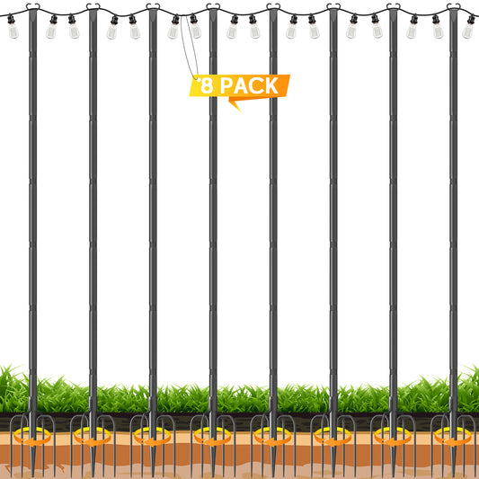 JYTOBN String Light Poles 8 Pack,Poles for Hanginig Outdoor String Lights with Fork and Fence Clamp