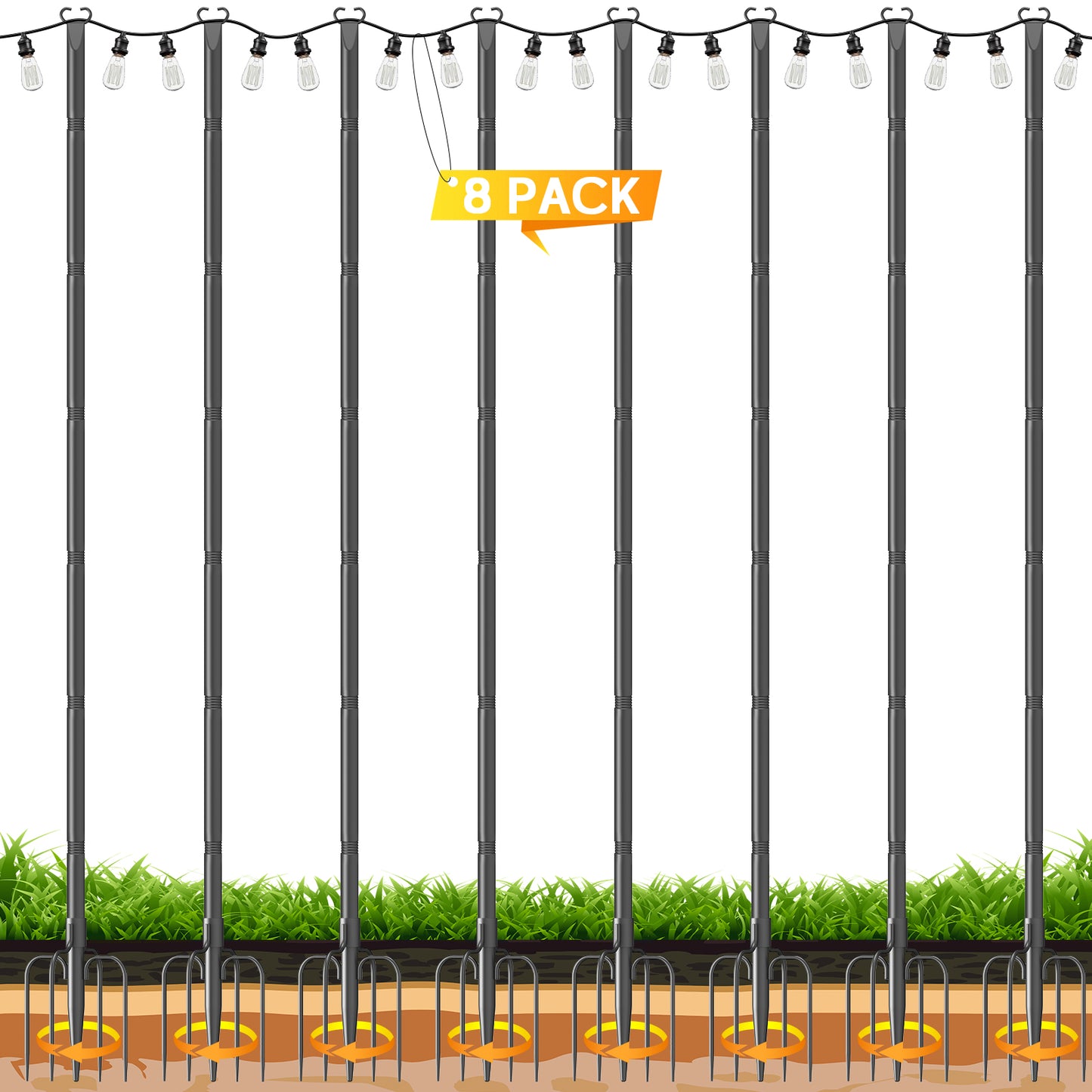 JYTOBN String Light Poles 8 Pack,Poles for Hanginig Outdoor String Lights with Fork and Fence Clamp